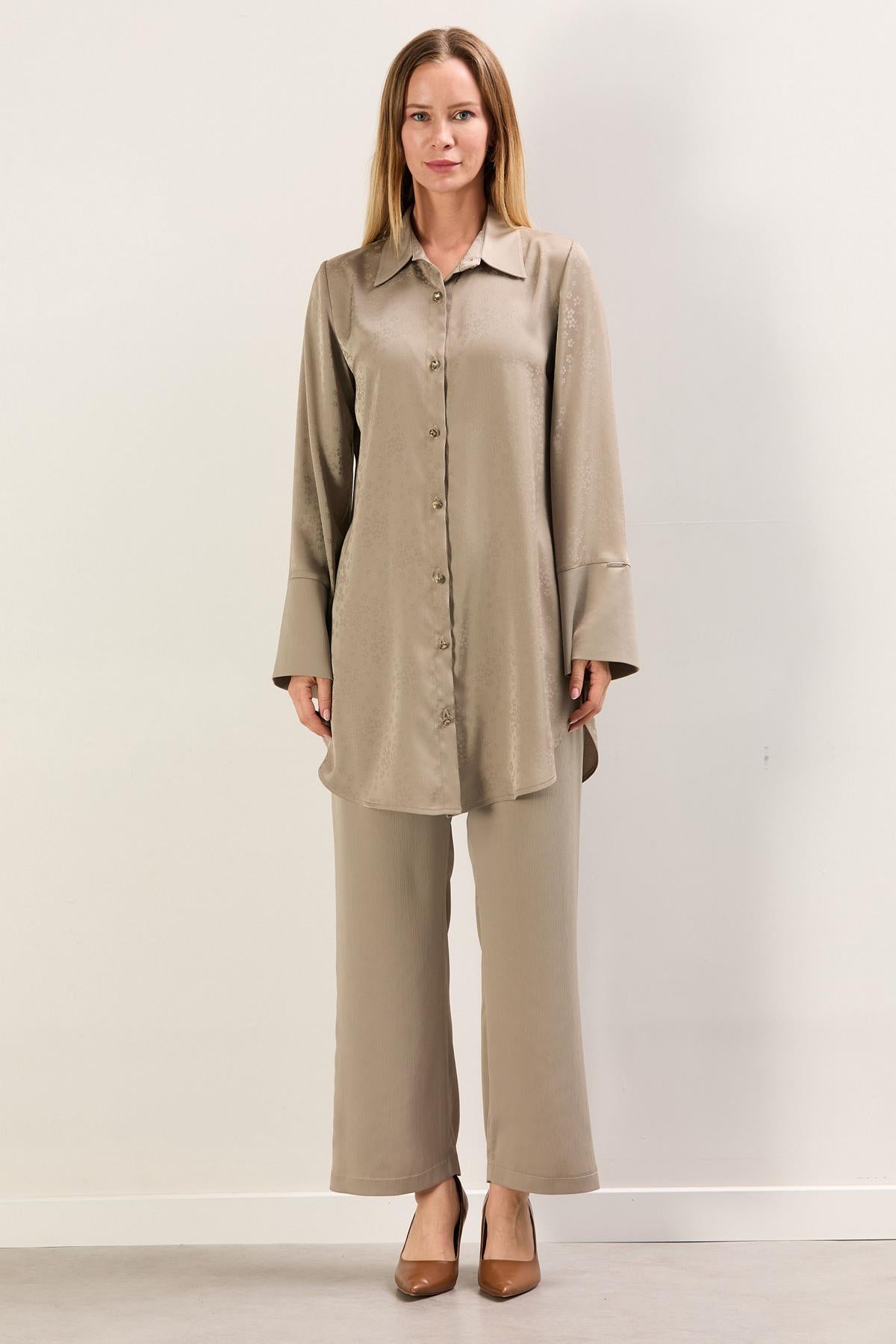 A41295 Aguaje Kolu Kalın Manşetli Pantolon Beli Lastikli Takım