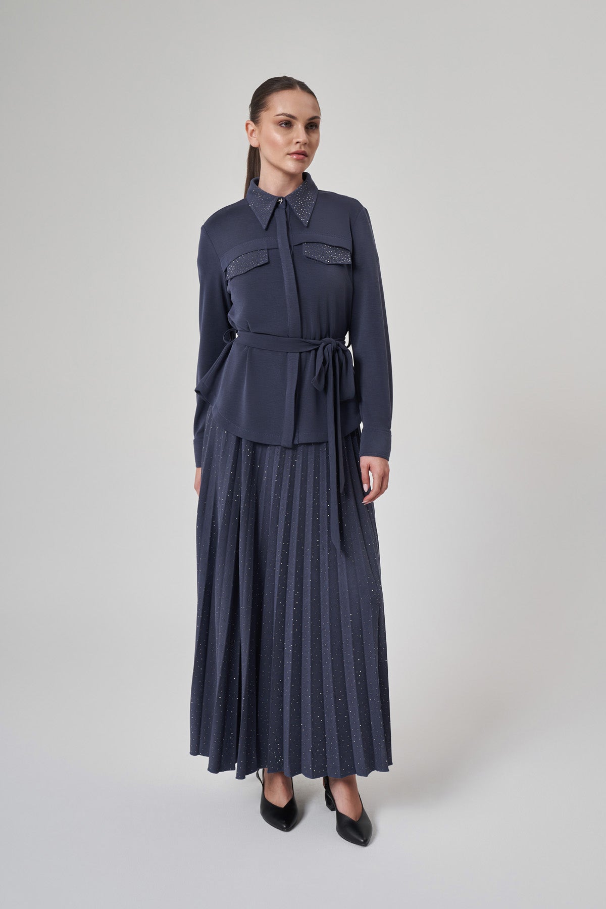 A41605 Aguaje Taşlı Piliseli Etek Takım