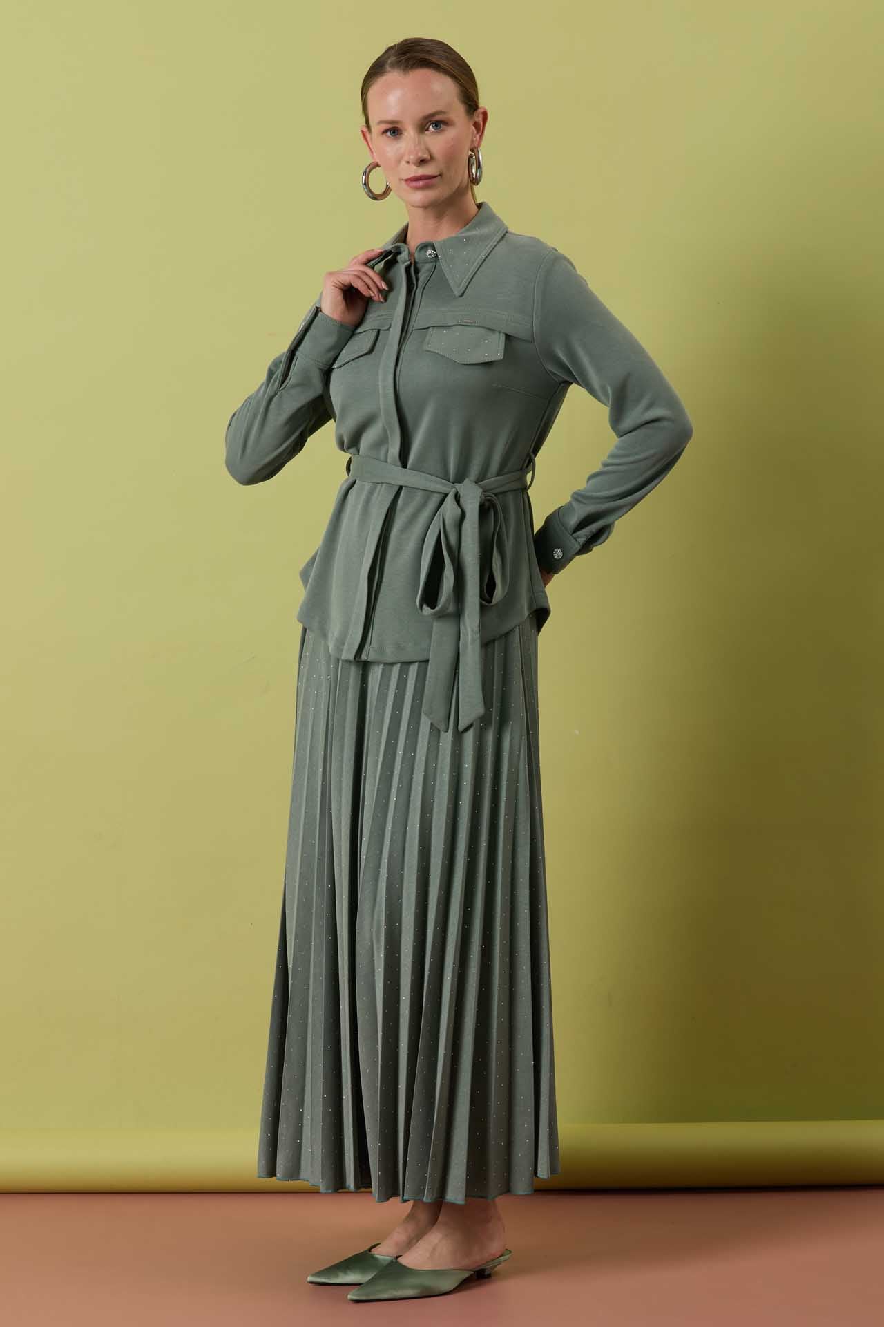 A41605 Aguaje Taşlı Piliseli Etek Takım