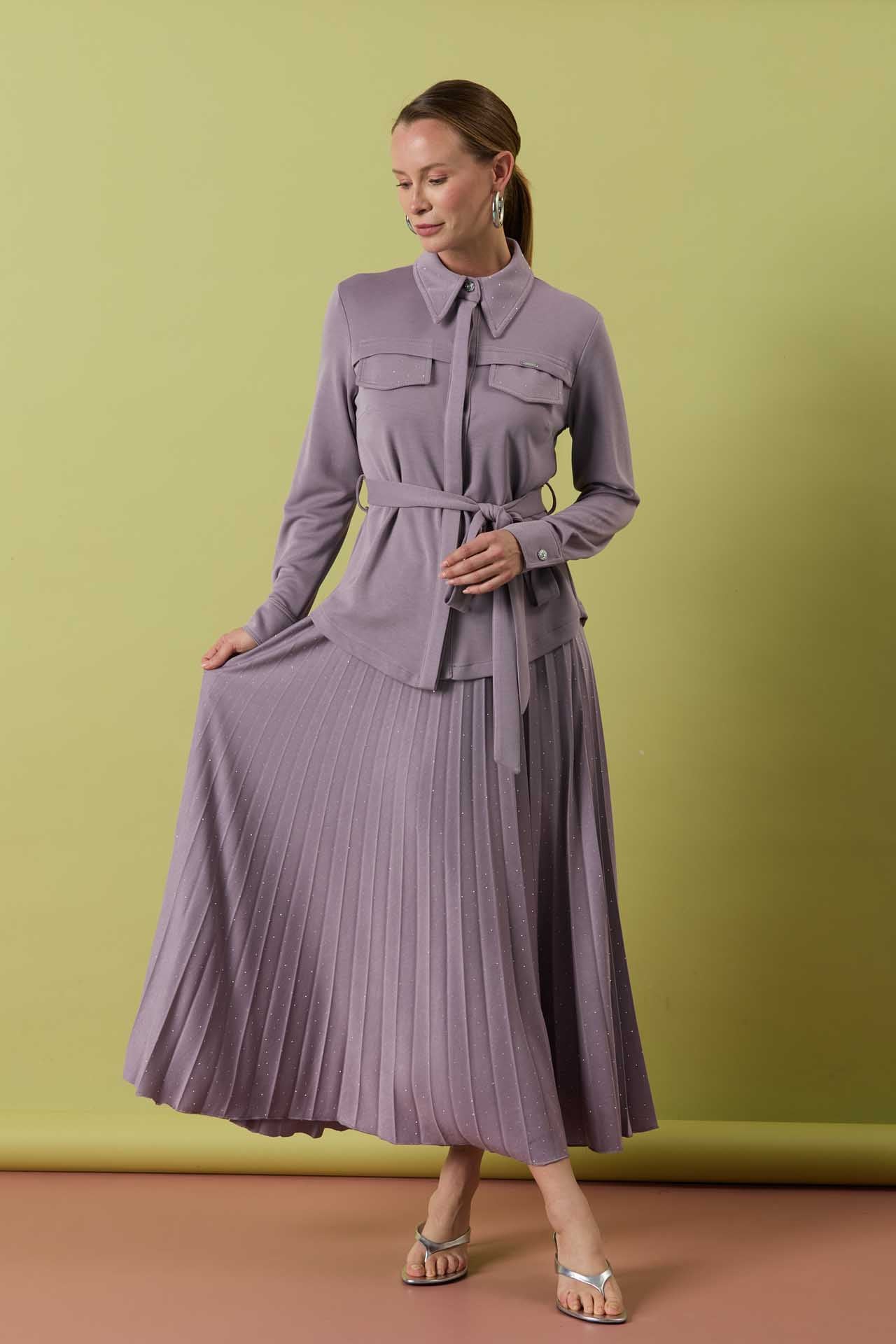 A41605 Aguaje Taşlı Piliseli Etek Takım