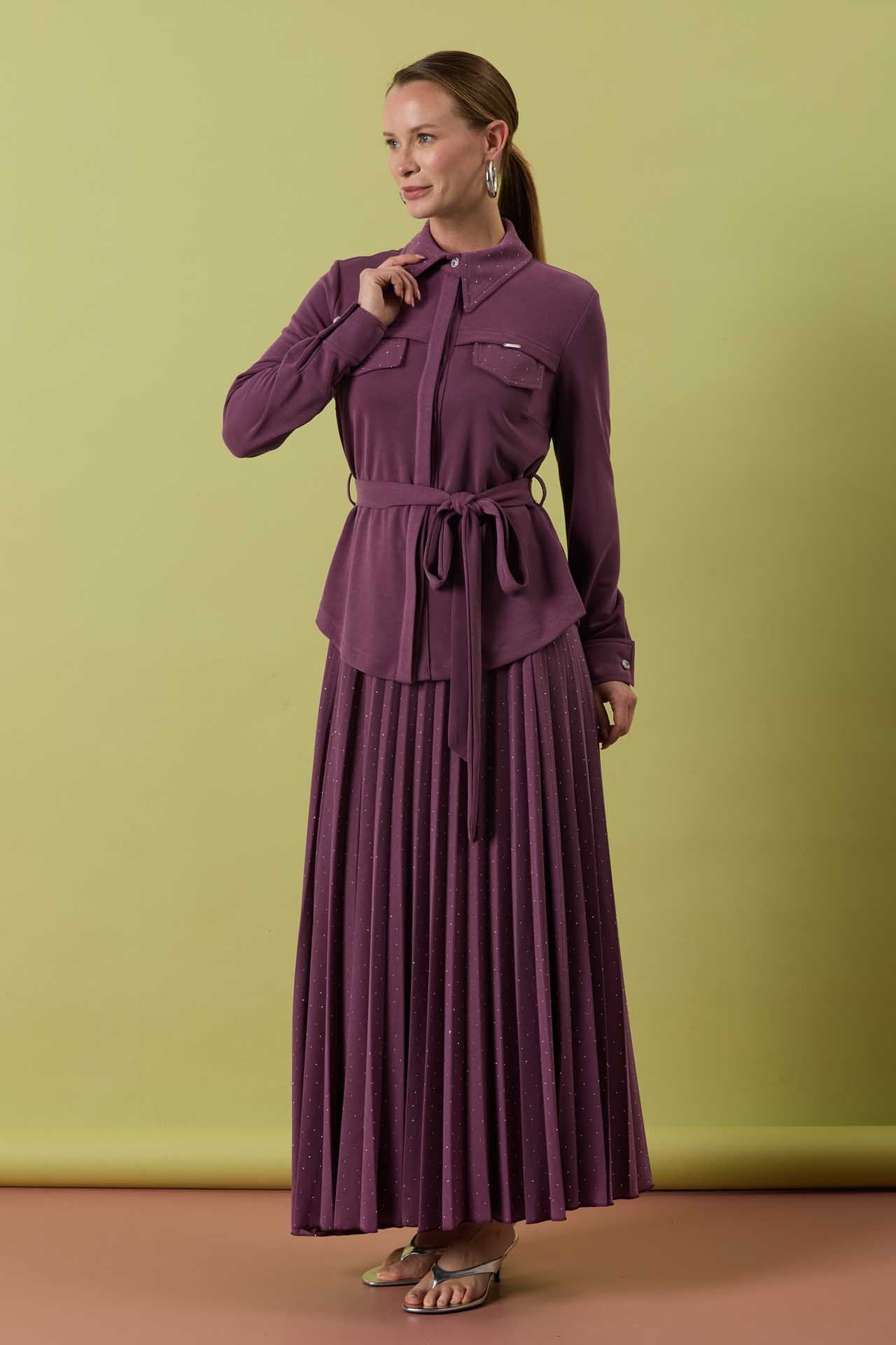 A41605 Aguaje Taşlı Piliseli Etek Takım