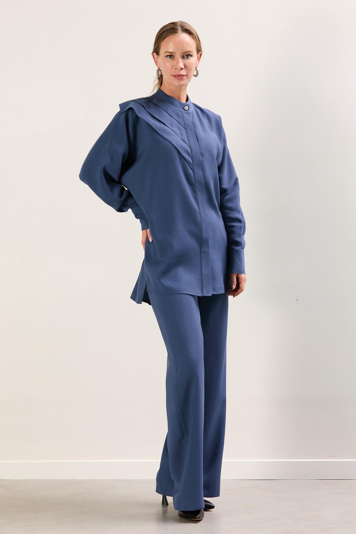 A41645 Aguaje Omuzdan Pileli Tunik Pantolon Takım