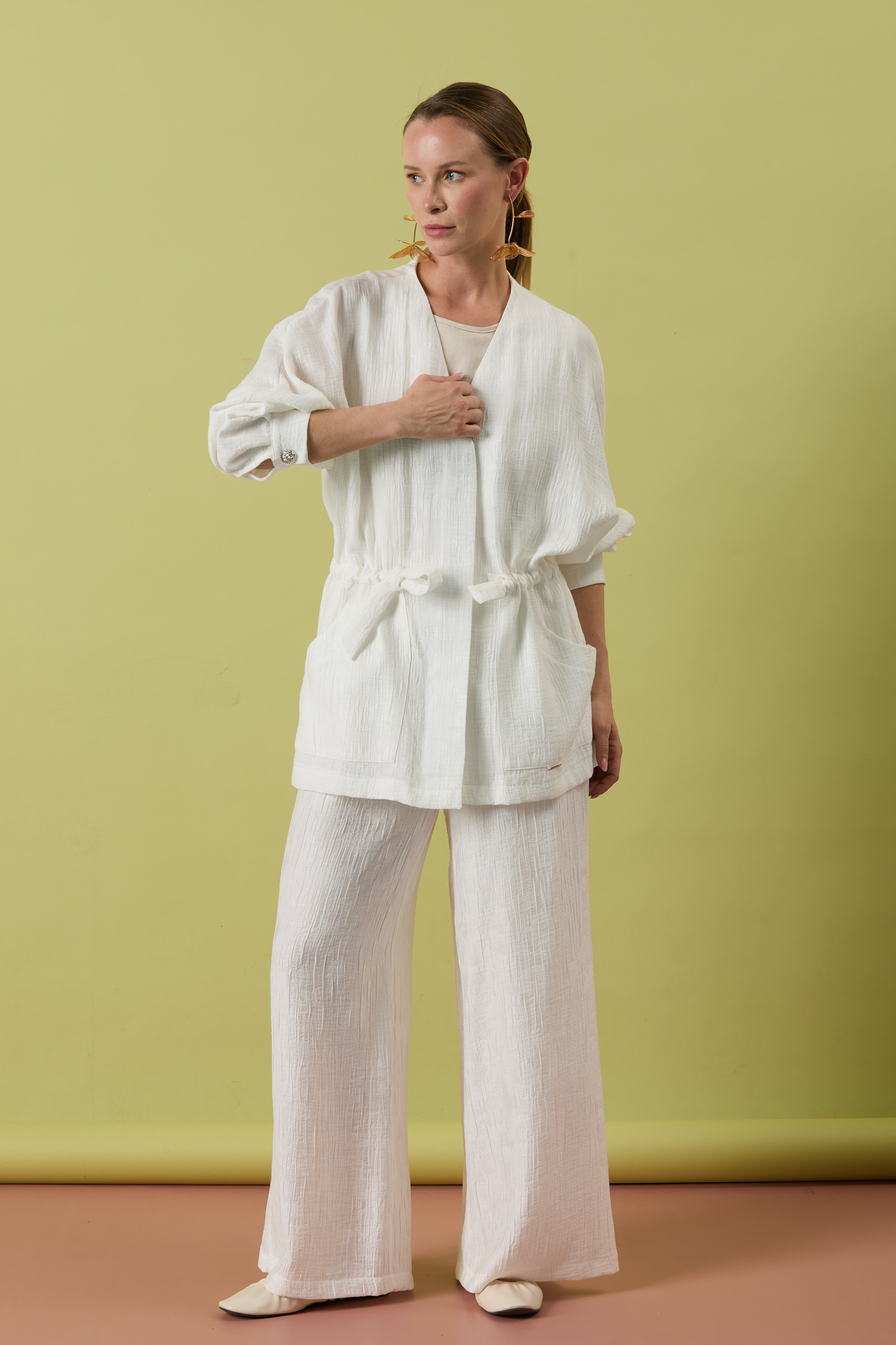 A41655 Aguaje Beli Kuşaklı Pantolonlu Takım