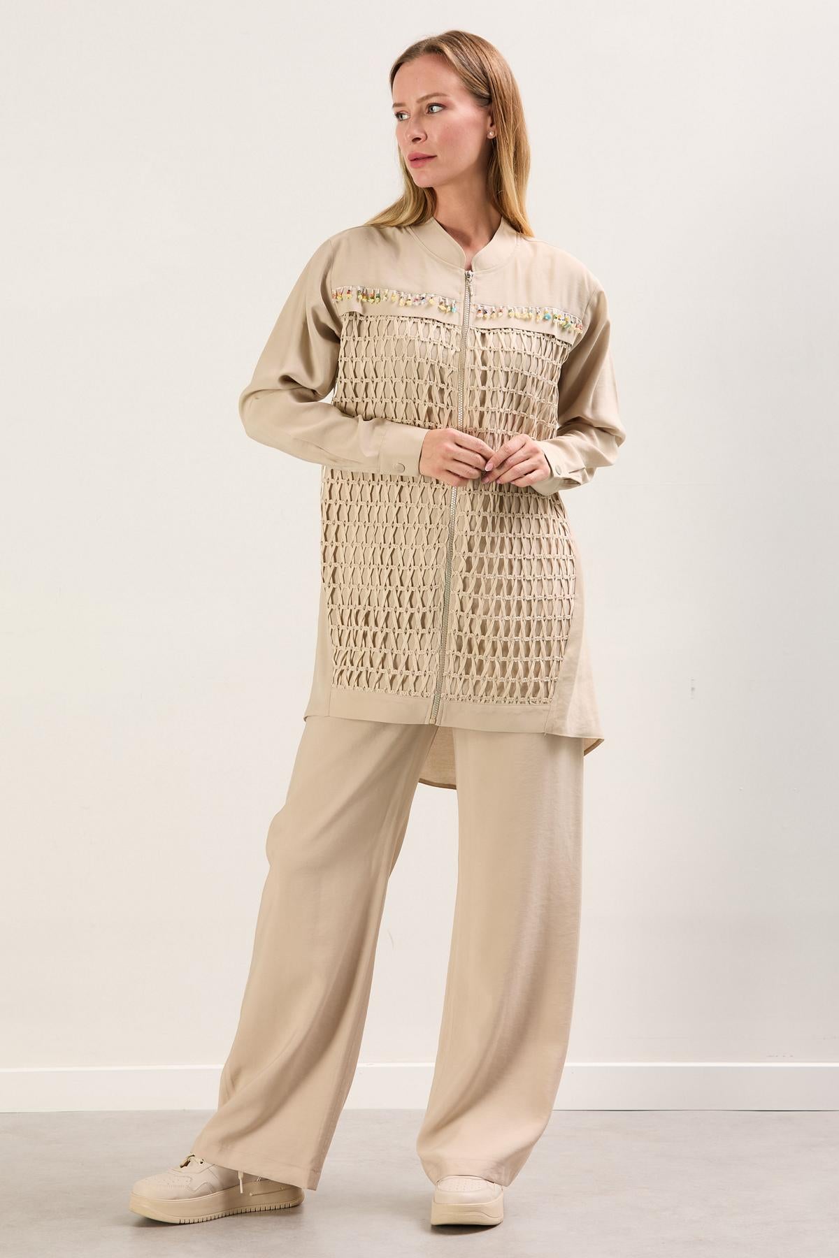 A41765 Aguaje File Detaylı Pantolon Takım