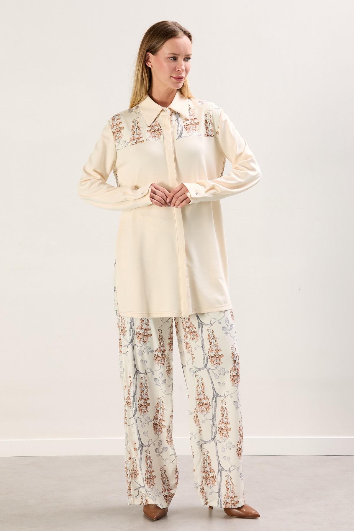 A41845 Aguaje Desenli Garnili Gömlek Pantolon Takım