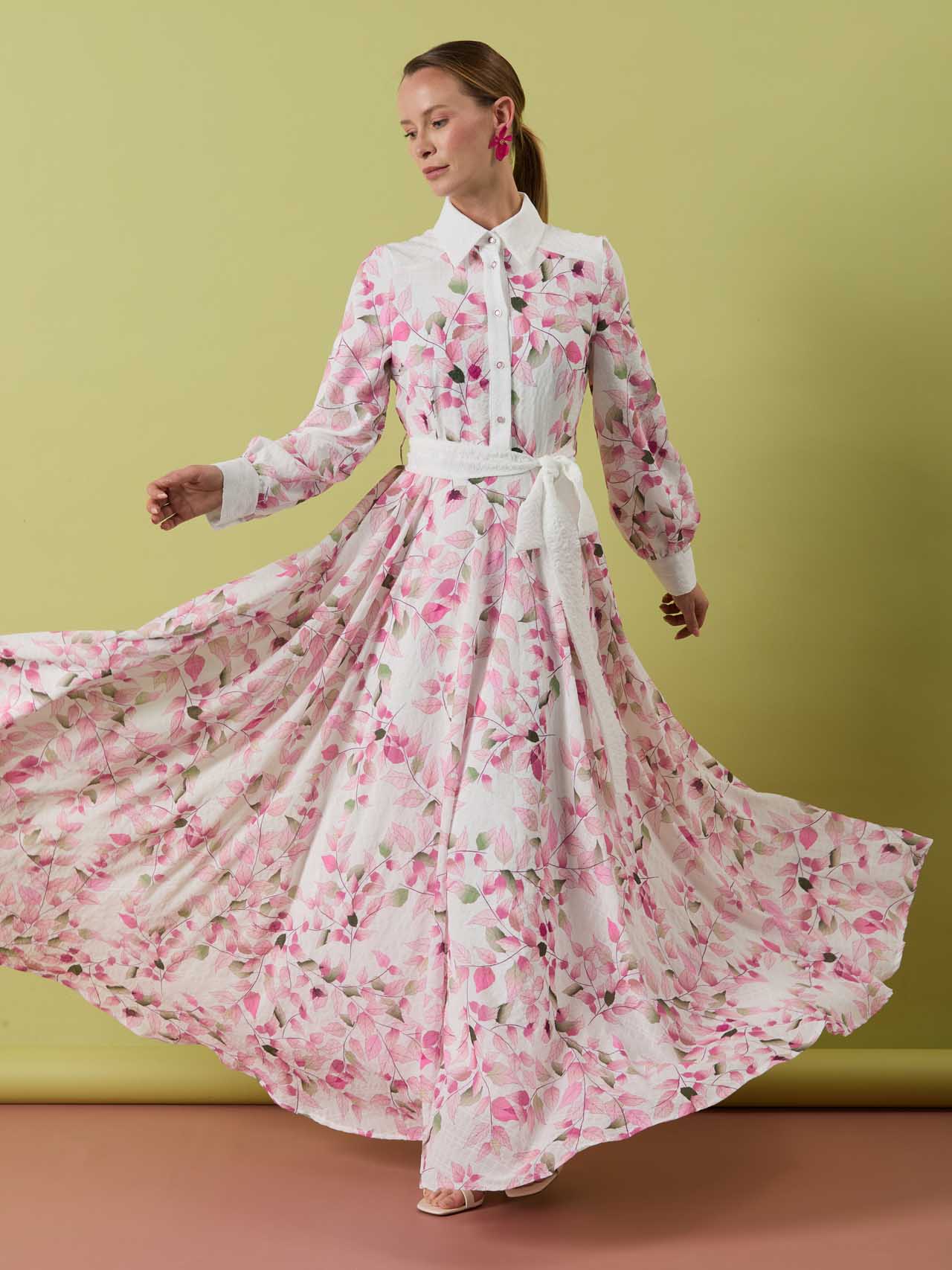 A50305 Aguaje Desenli Beli Kuşaklı Elbise