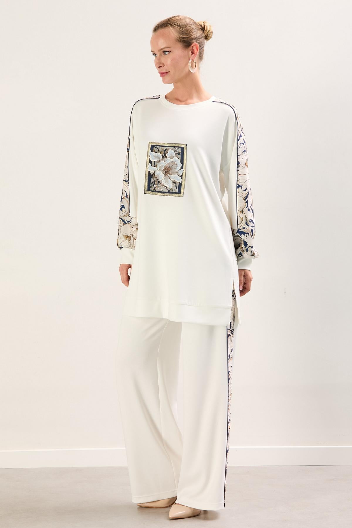 A41905 Aguaje Tuniği Baskı Detaylı Pantolonlu Takım